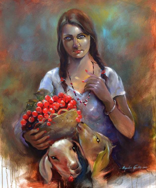 The woman with the basket of strawberries and the goat in the painting