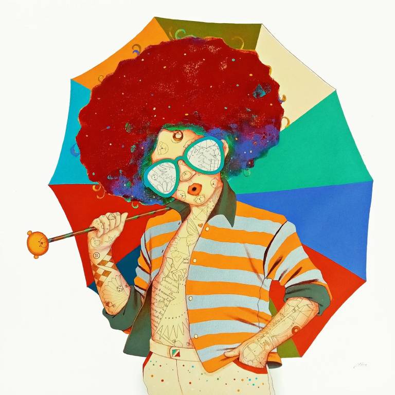 Sell the painting under the rainbow umbrella.