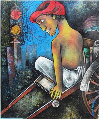 The painting A rickshaw puller is waiting at the street corner is available for sale.