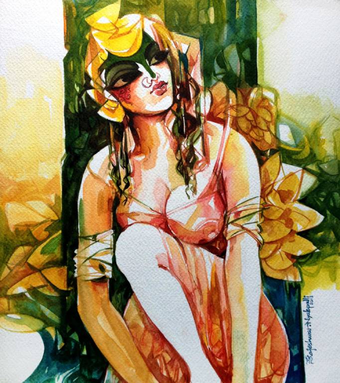 The girl is looking at an original painting that is now available for purchase.