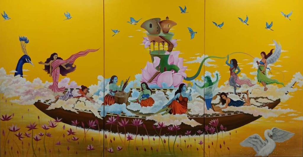 The original painting Clouds with Women is available for sale at the art gallery near me